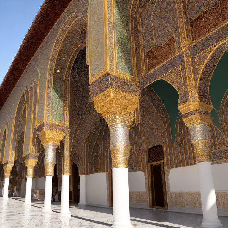 Intricate Golden Patterns on Ornate Archways in Sunlit Islamic Corridor