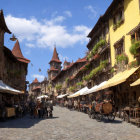 European cobblestone street with half-timbered buildings, flower stalls, and clock tower.