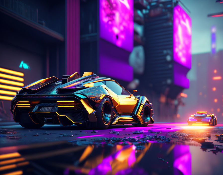 Futuristic car with neon accents in vibrant city street at night