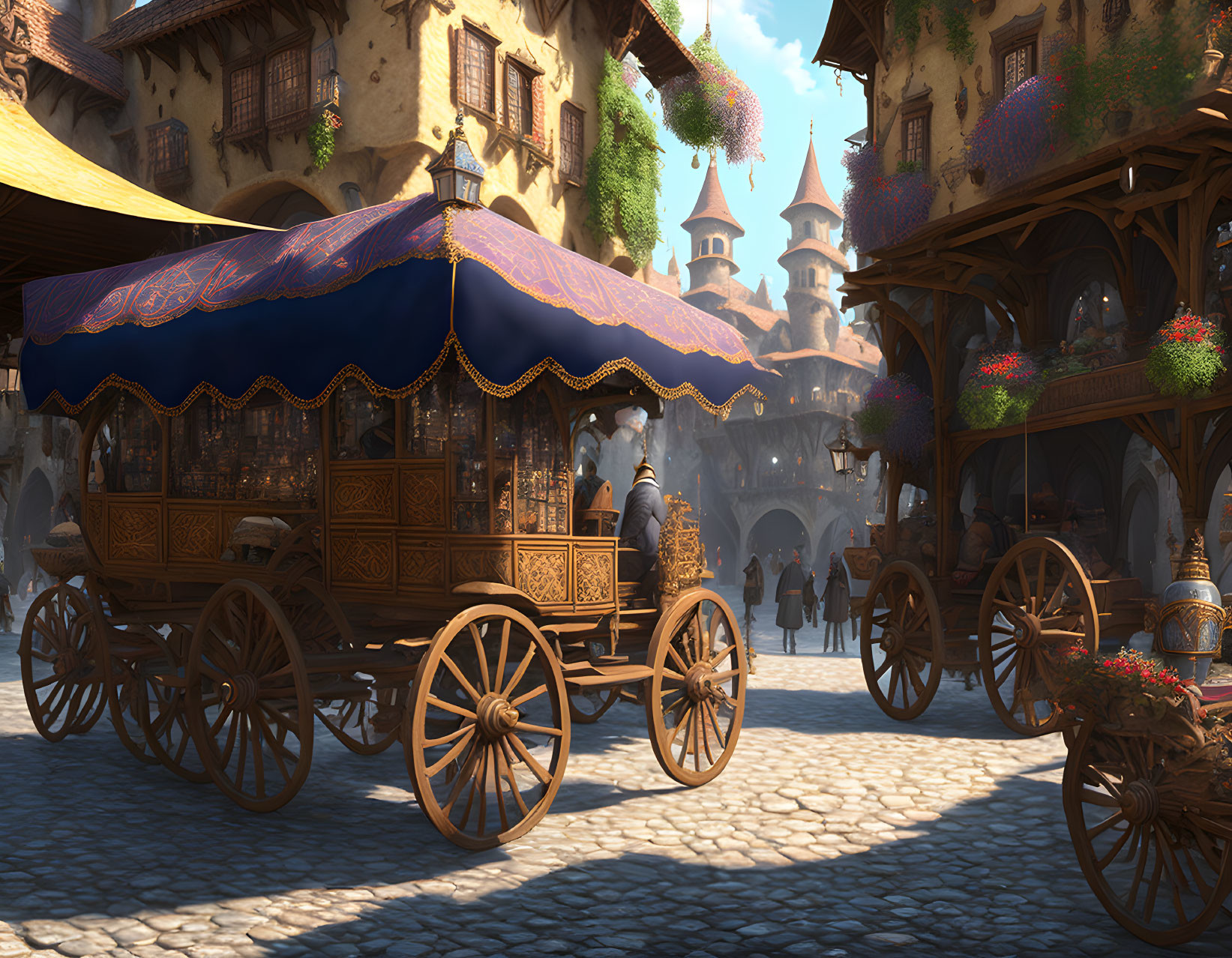 Wooden Carriage with Blue Canopy in Medieval Village Scene