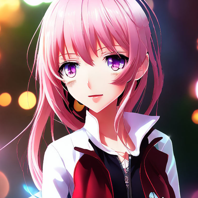 Anime character with pink hair and purple eyes in gentle smile with bokeh effect.