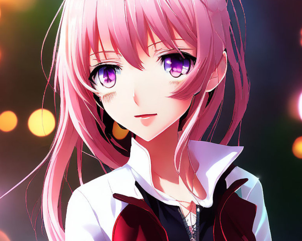 Anime character with pink hair and purple eyes in gentle smile with bokeh effect.