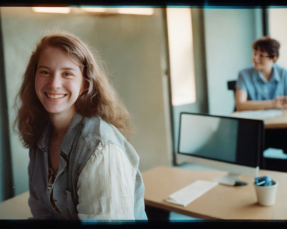 Smiling woman at desk with another person and monitor in background