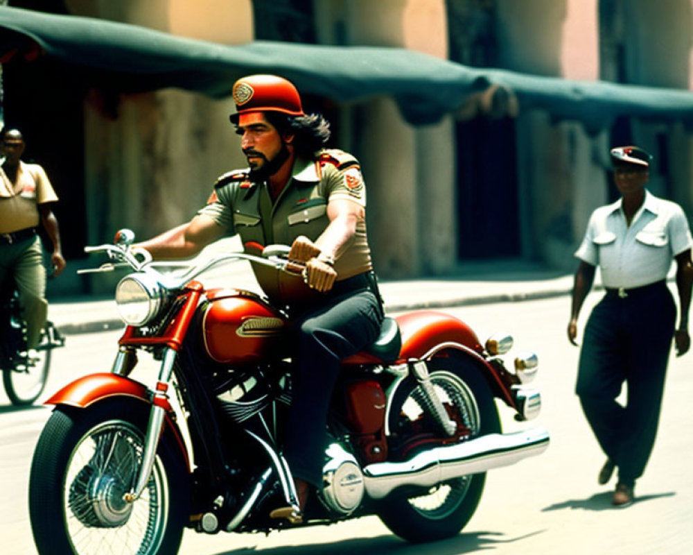 Man in Red Helmet Riding Classic Motorcycle Observed by Man on Foot