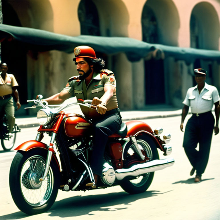 Man in Red Helmet Riding Classic Motorcycle Observed by Man on Foot