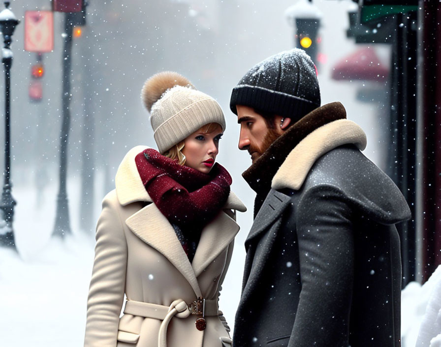 Man and woman in winter attire having serious conversation on snowy street