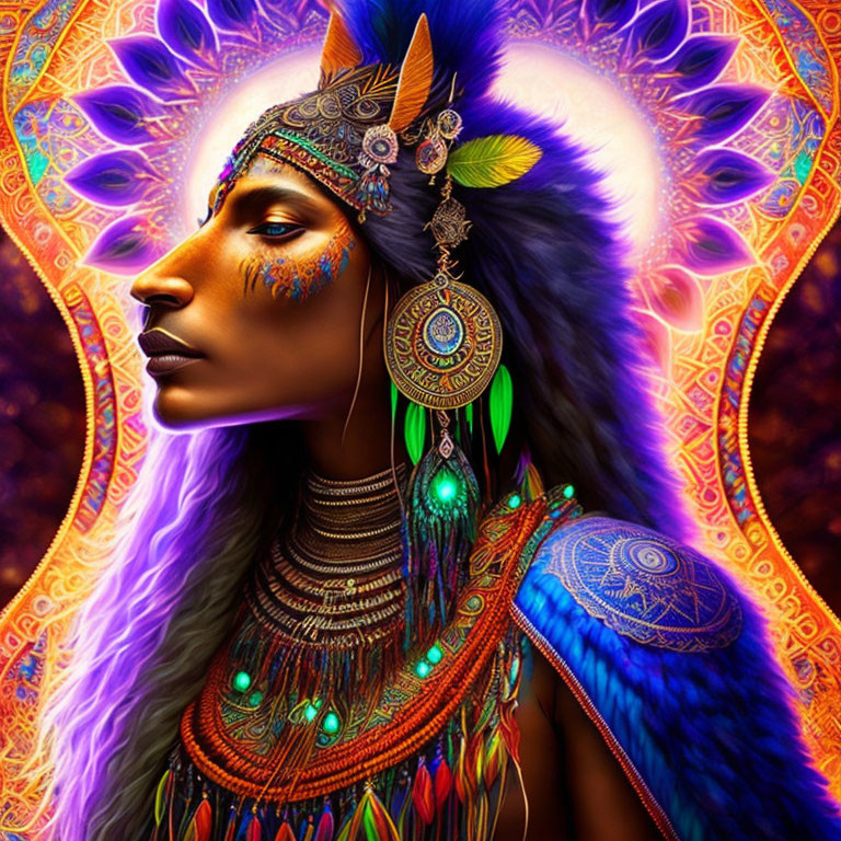 Colorful woman with feather headdress and face paint on vibrant background