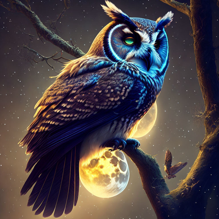 Colorful Owl Perched on Branch Under Moonlit Sky