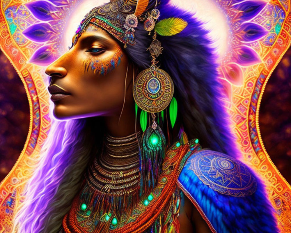 Colorful woman with feather headdress and face paint on vibrant background