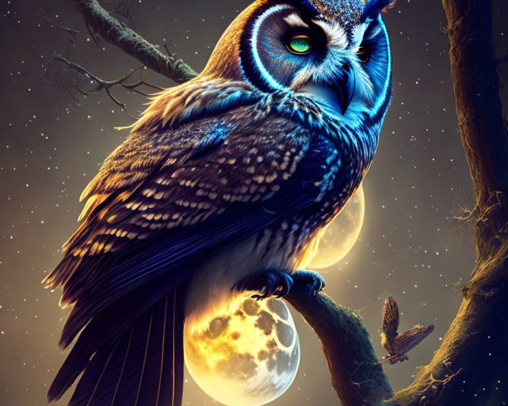 Colorful Owl Perched on Branch Under Moonlit Sky