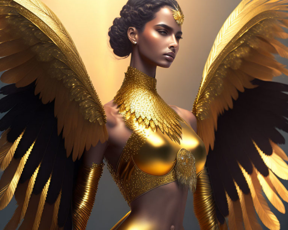 Digital artwork of woman with golden wings and armor, elegant patterns, powerful aura