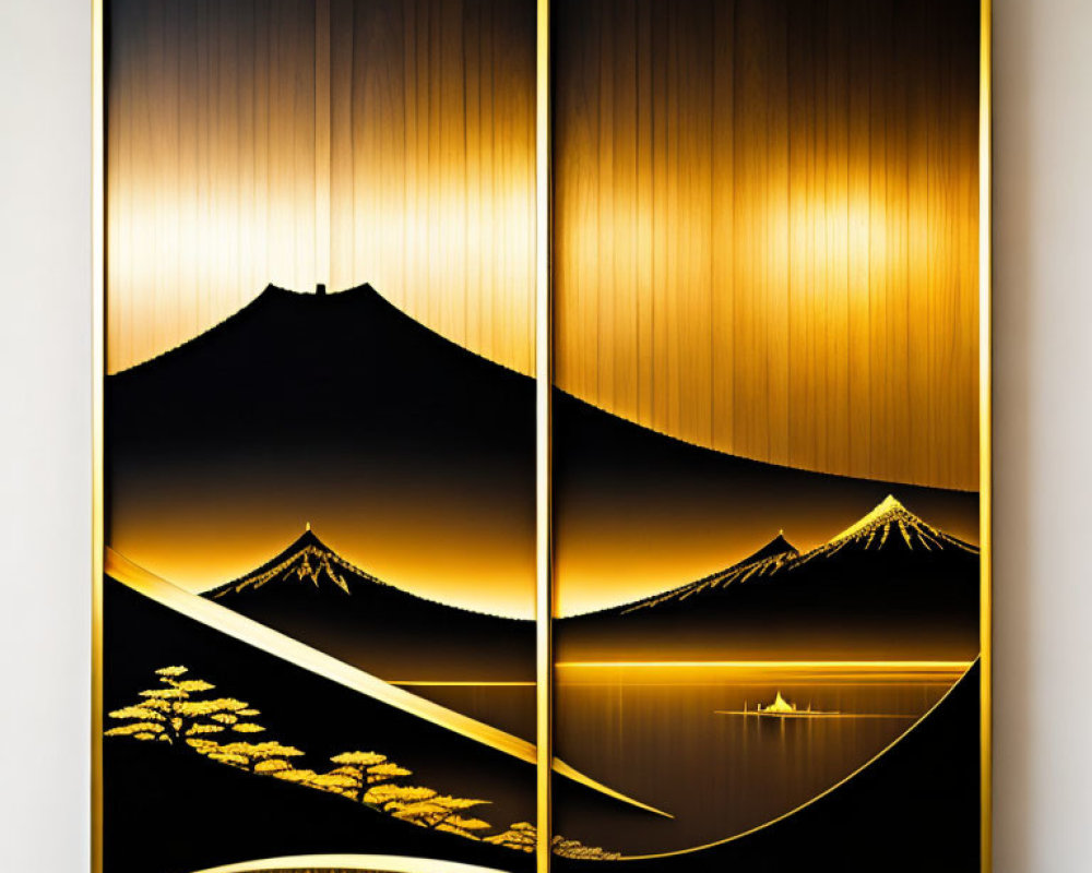 Abstract Mount Fuji Diptych with Golden Accents and Boat Silhouette