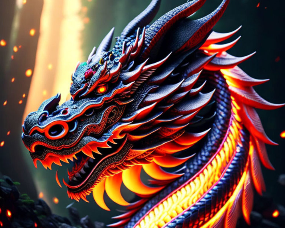 Detailed Dragon Illustration with Red and Blue Scales in Mystical Forest