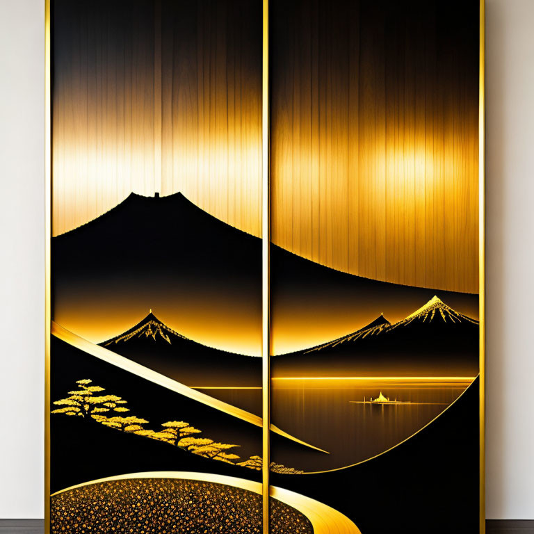 Abstract Mount Fuji Diptych with Golden Accents and Boat Silhouette