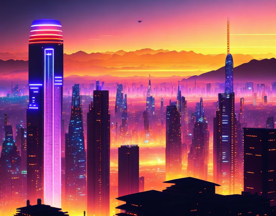 Futuristic cityscape at dusk with neon-lit skyscrapers