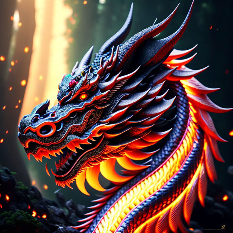 Detailed Dragon Illustration with Red and Blue Scales in Mystical Forest