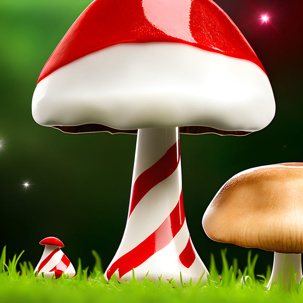 Stylized red and white mushrooms on vibrant green backdrop