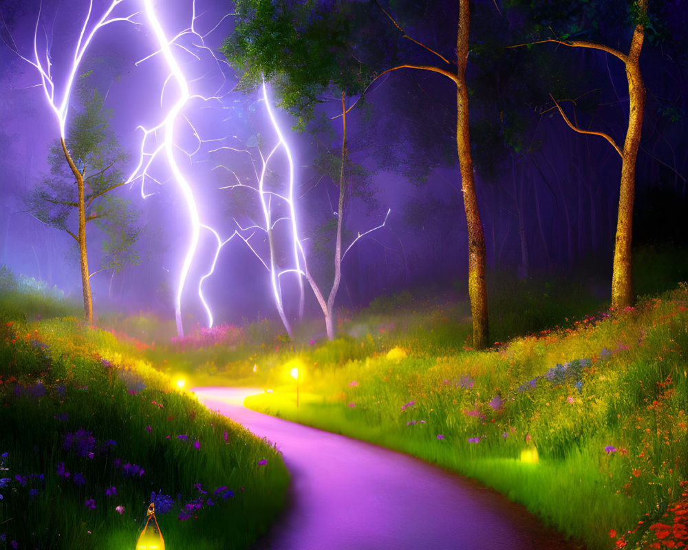 Fantasy landscape with winding path, lanterns, flowers, and lightning strike.