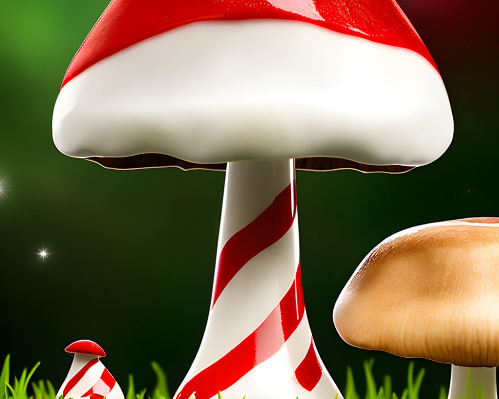 Stylized red and white mushrooms on vibrant green backdrop