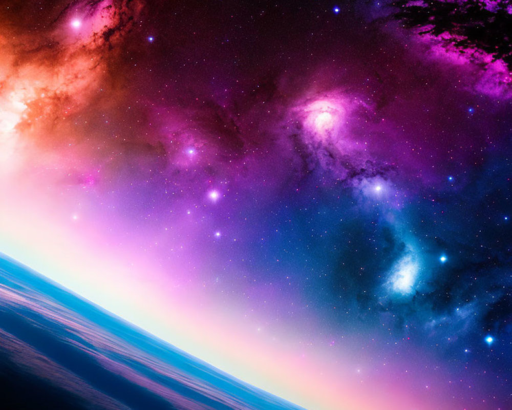 Curvature of Earth against purple and pink cosmic clouds