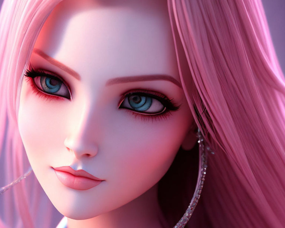 Detailed 3D-animated female character with pink hair and blue eyes