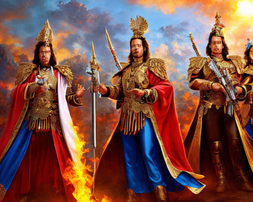 Three people in historical costumes with swords against fiery sky.