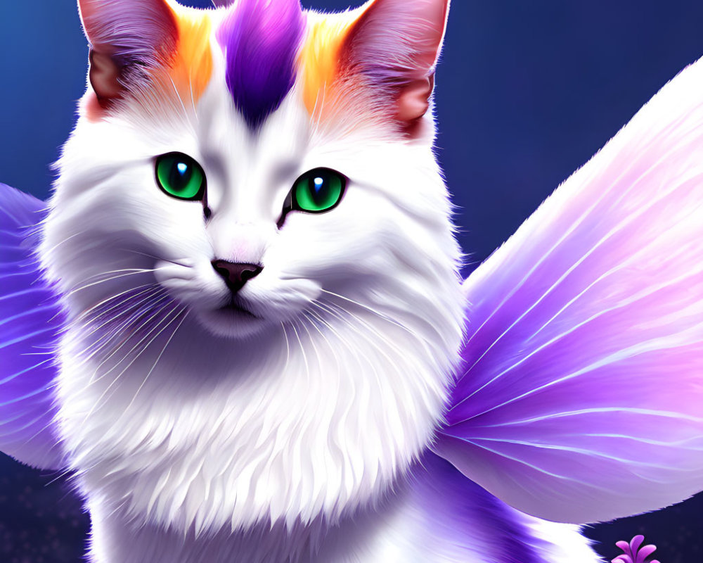 Fantasy white cat with purple wings and green eyes in a floral setting