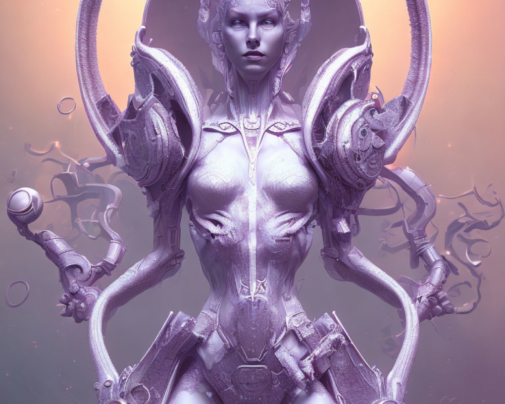 Futuristic female figure in ornate armor and headdress with halo against soft background