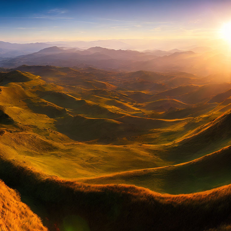 Sunrise over rolling hills and mountains landscape view