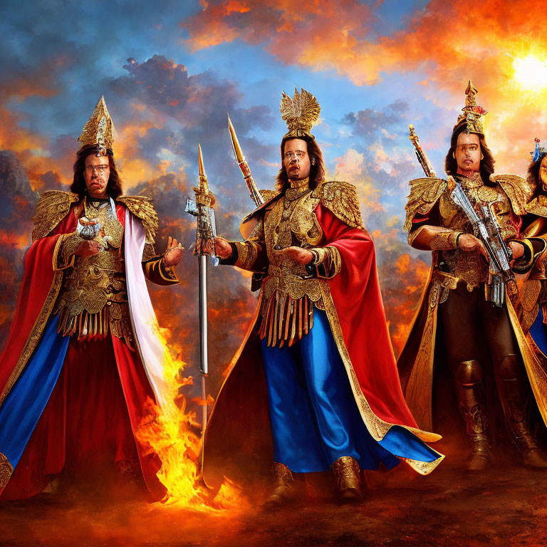 Three people in historical costumes with swords against fiery sky.