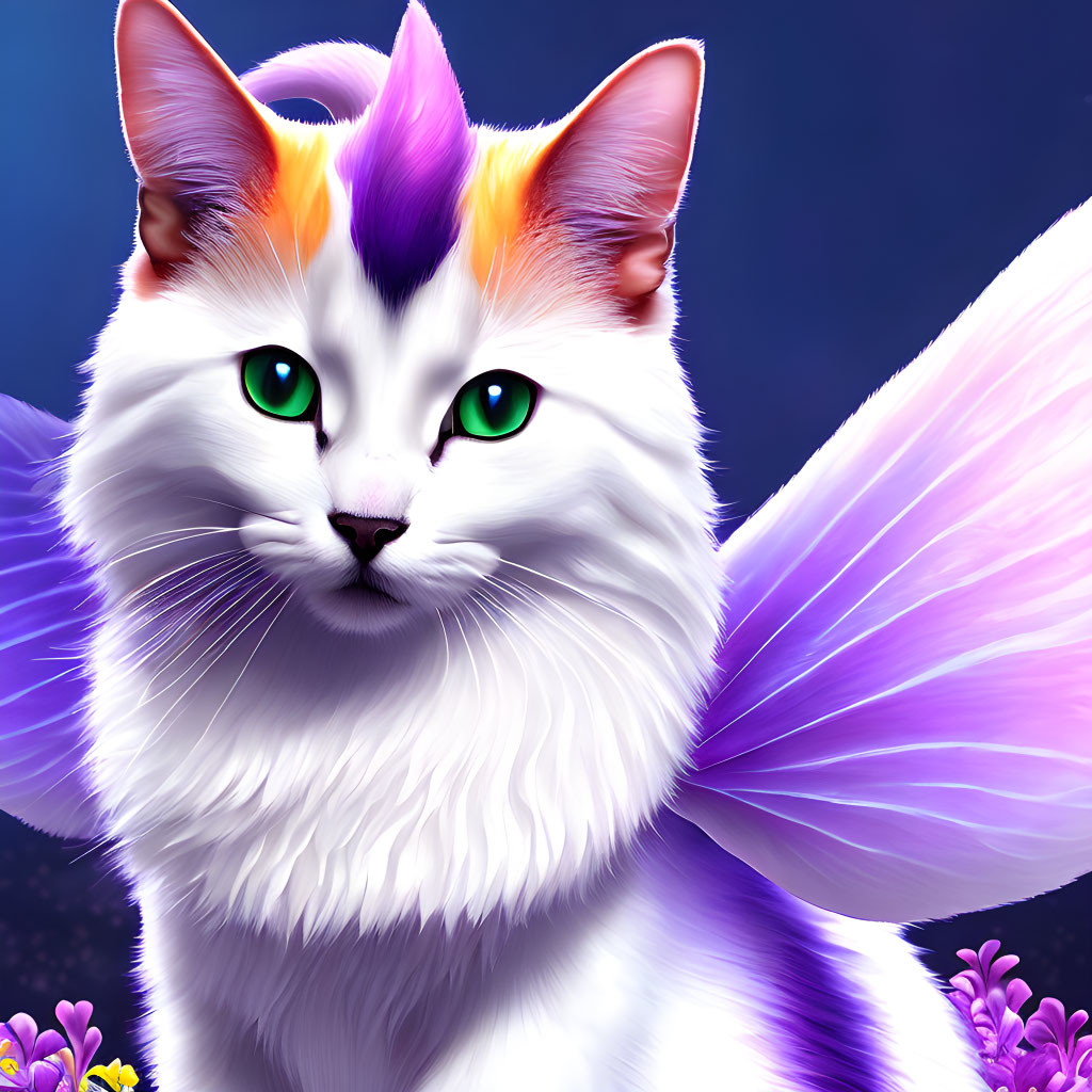 Fantasy white cat with purple wings and green eyes in a floral setting