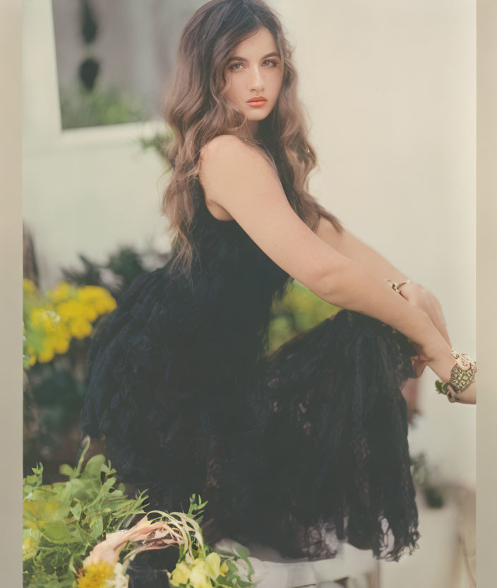 Woman in Black Dress Surrounded by Greenery and Yellow Flowers