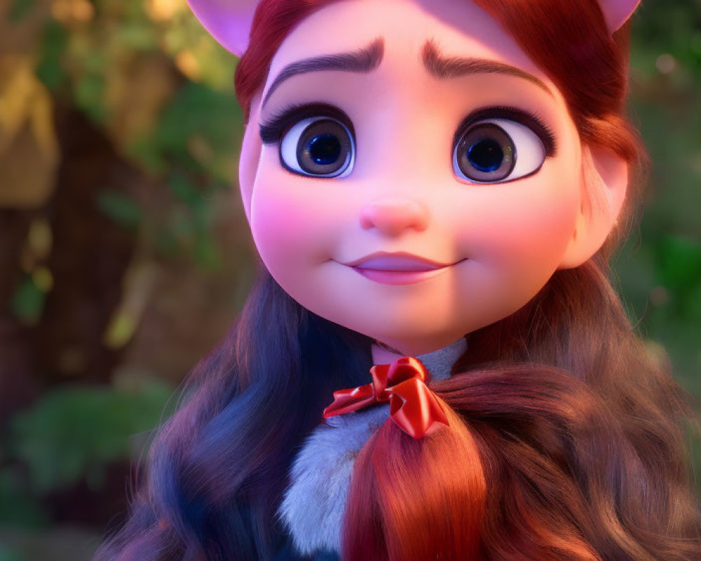 CGI-animated female character with large eyes and fox-like ears in warm setting