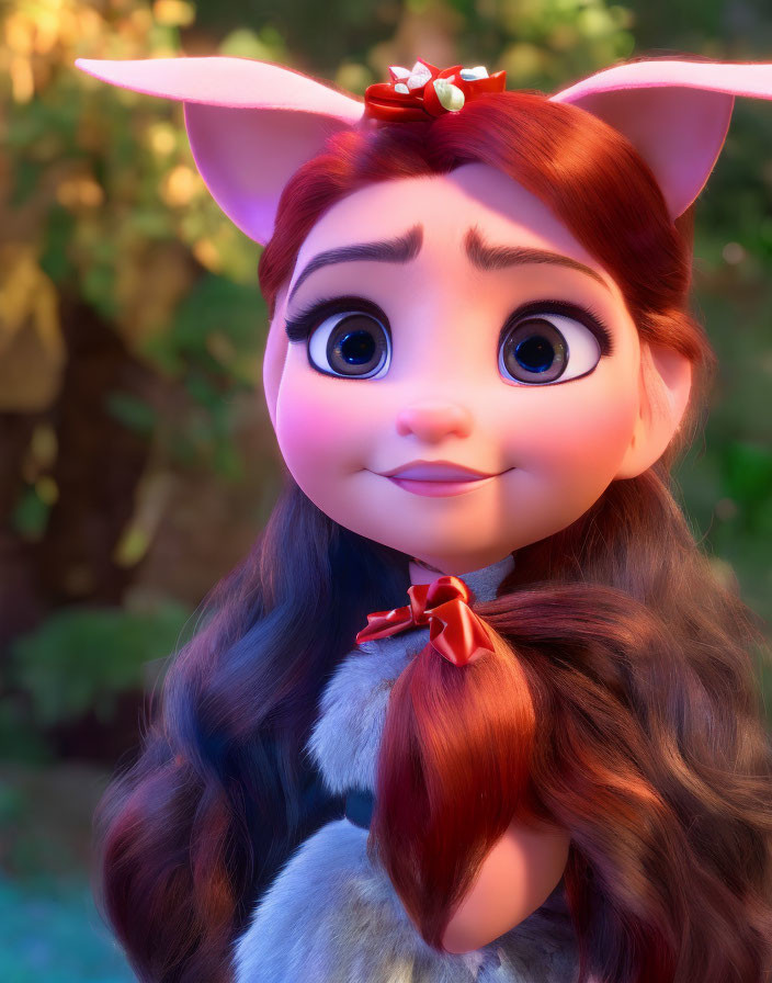 CGI-animated female character with large eyes and fox-like ears in warm setting