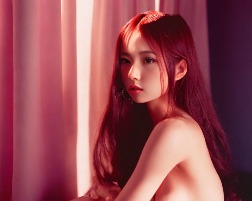 Woman with long hair in red headband under soft light against curtain backdrop