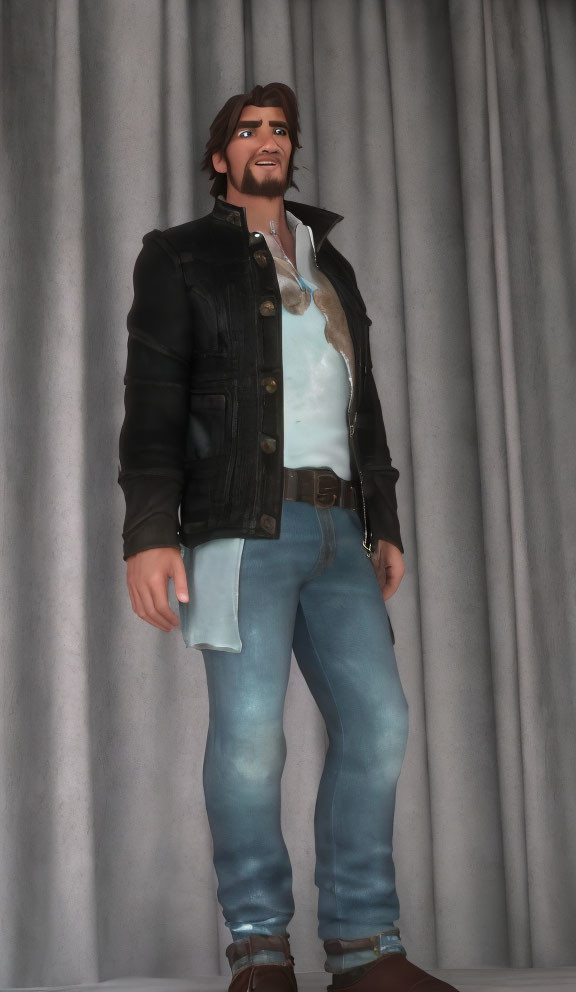 Brown-haired man in black jacket and jeans, smiling in 3D render