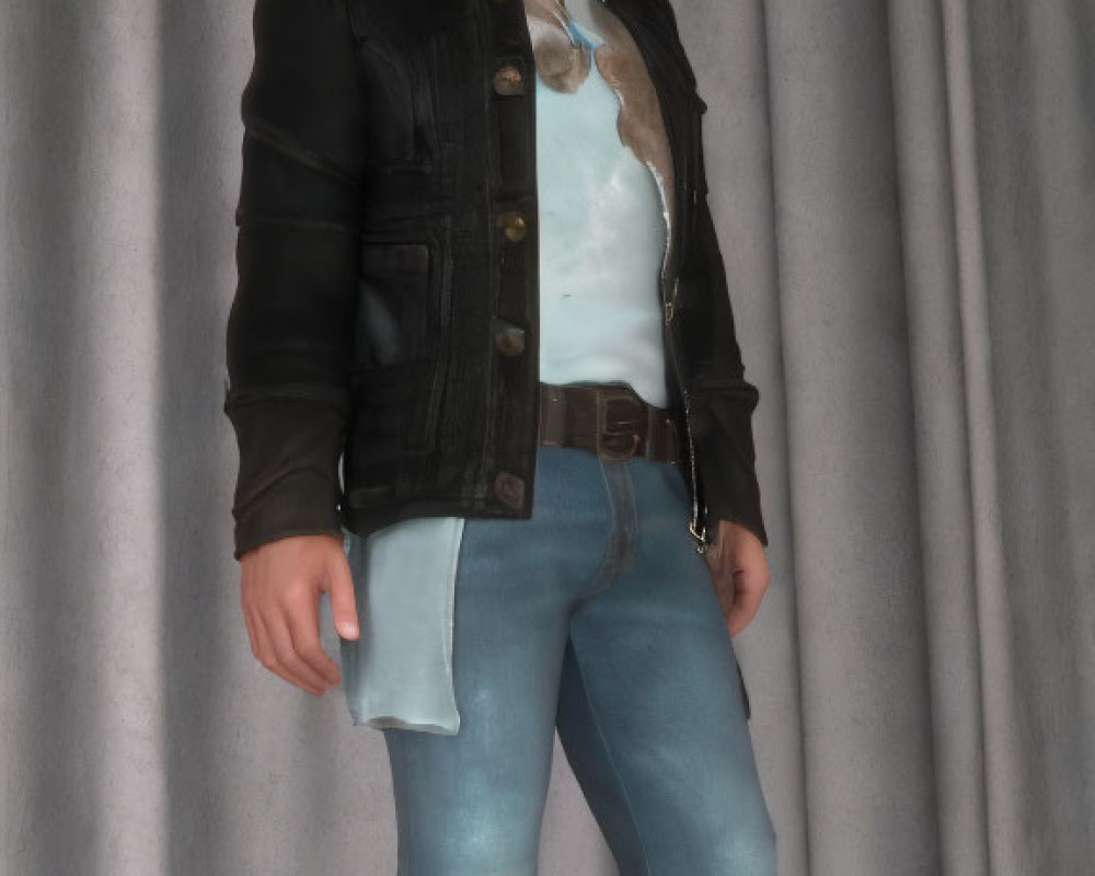 Brown-haired man in black jacket and jeans, smiling in 3D render