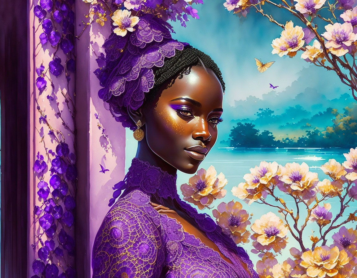 Digital artwork: Dark-skinned woman in purple lace surrounded by blooming trees and butterflies