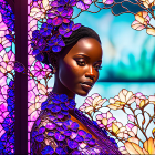 Digital artwork: Dark-skinned woman in purple lace surrounded by blooming trees and butterflies