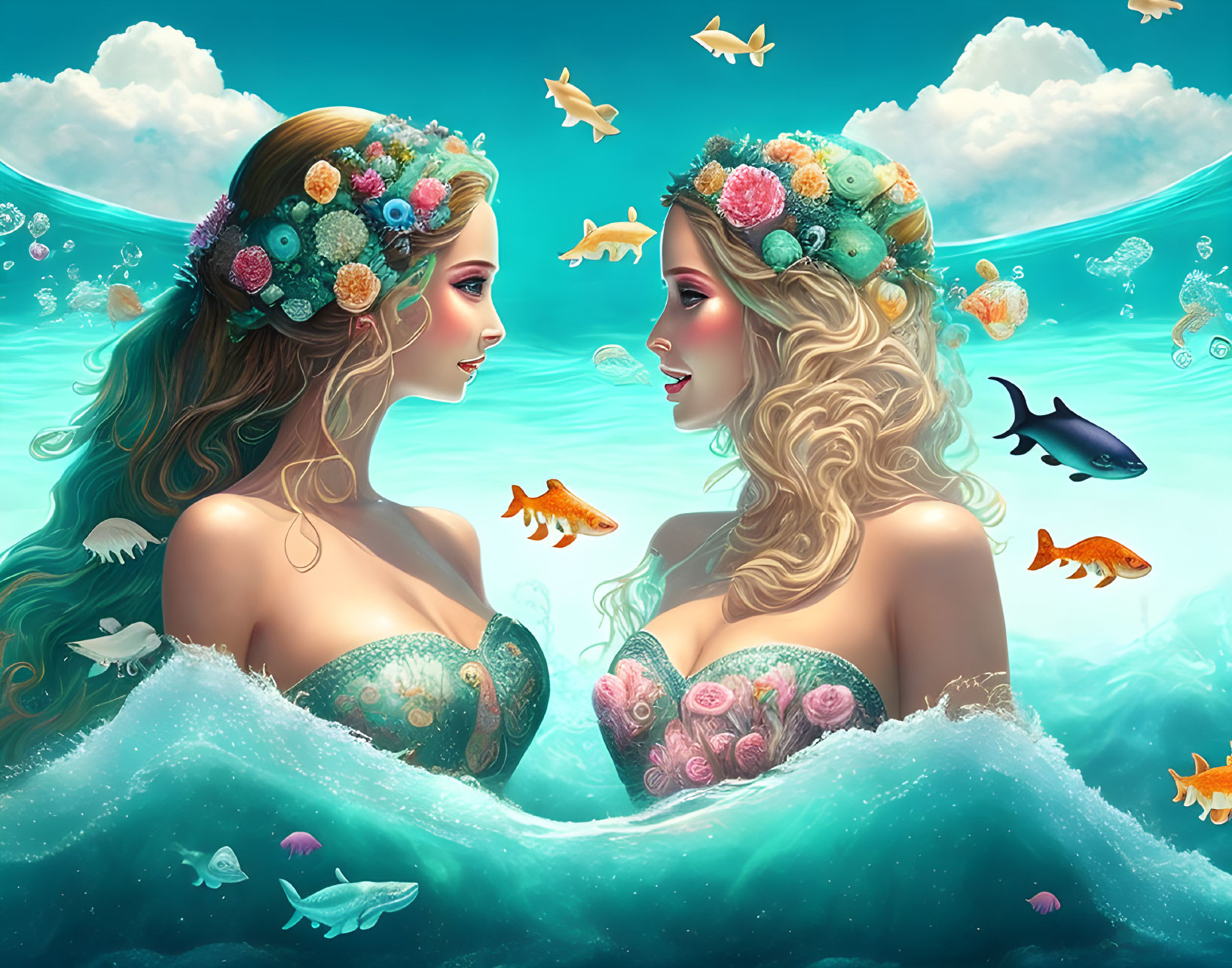 Mermaids with Floral Crowns in Vibrant Underwater Scene