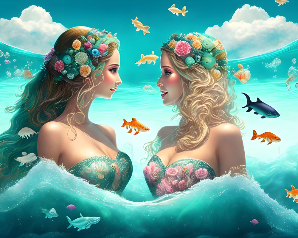 Mermaids with Floral Crowns in Vibrant Underwater Scene