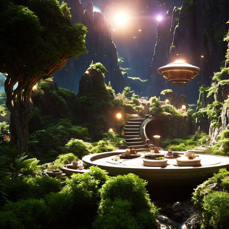 Mystic tea setting in lush green landscape with hovering spacecraft