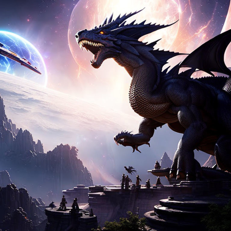 Majestic black dragon on cliff with futuristic cityscape and two moons