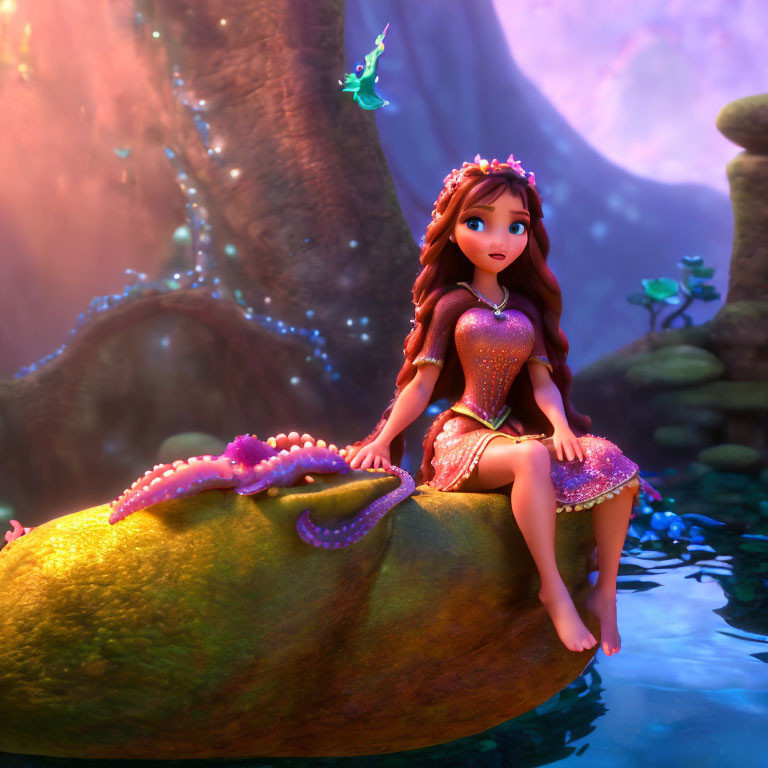 Auburn-Haired Princess on Rock by Pond in 3D Animation