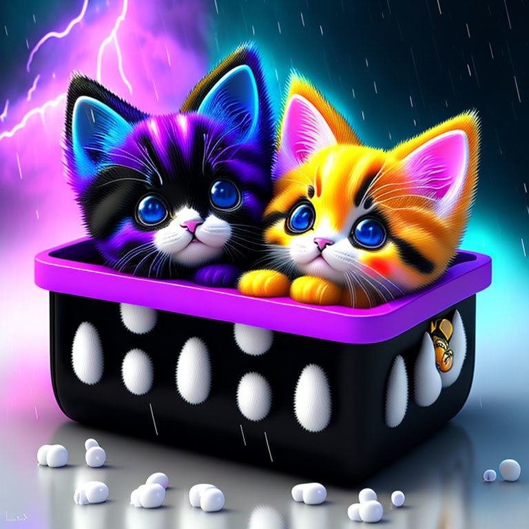 Colorful Animated Kittens in Purple Bin Under Stormy Sky