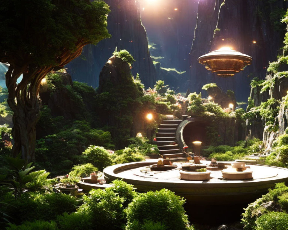 Mystic tea setting in lush green landscape with hovering spacecraft