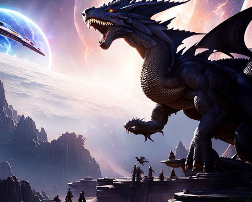 Majestic black dragon on cliff with futuristic cityscape and two moons