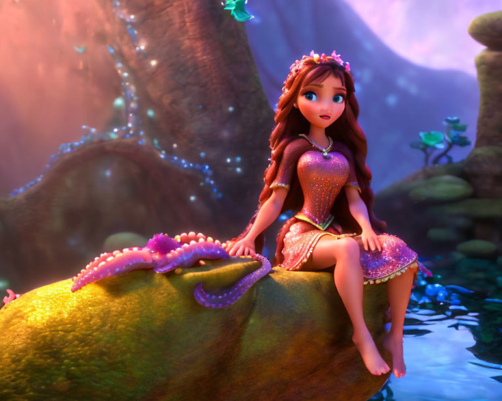 Auburn-Haired Princess on Rock by Pond in 3D Animation