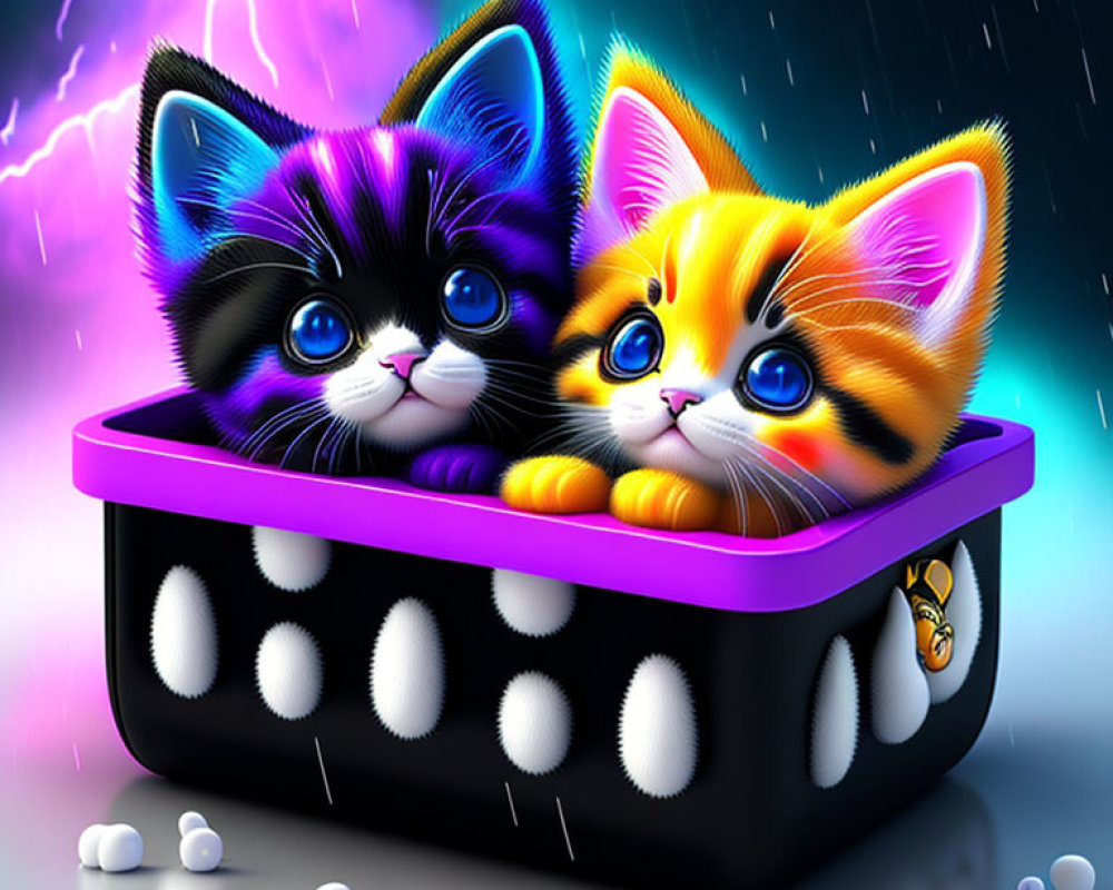 Colorful Animated Kittens in Purple Bin Under Stormy Sky