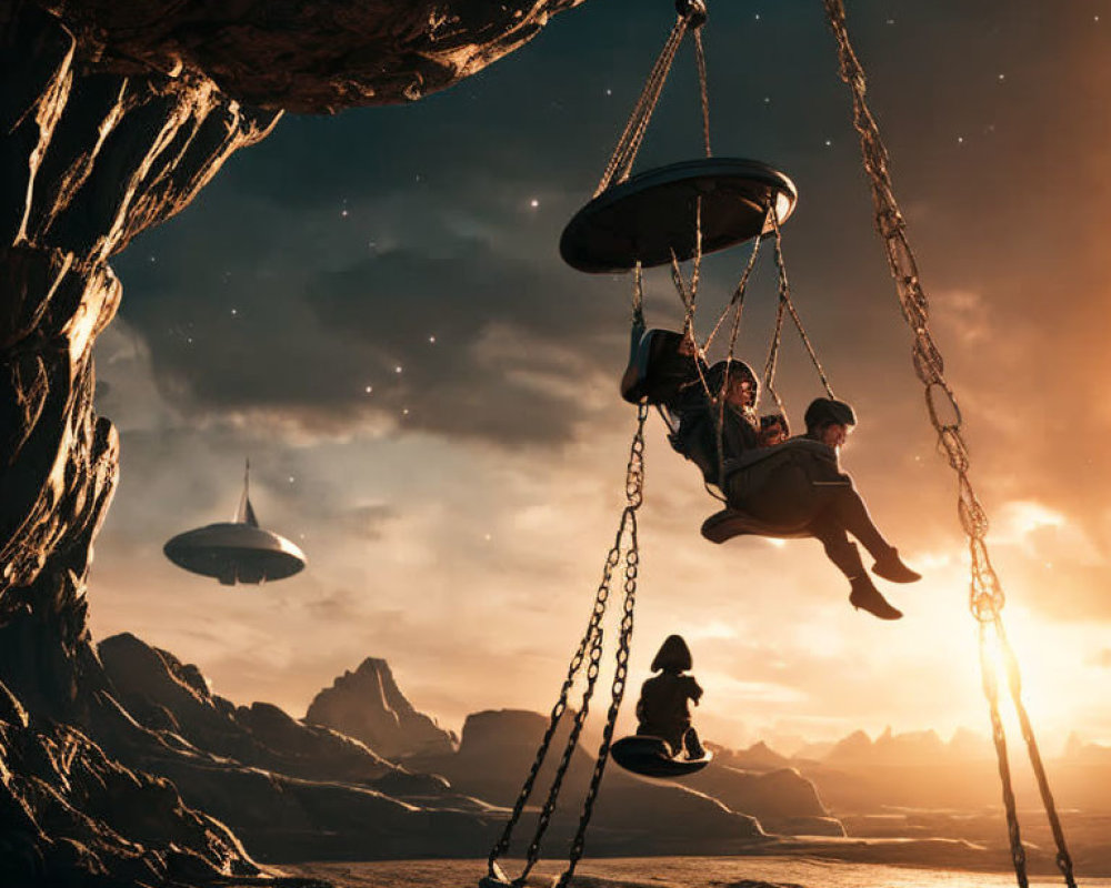 People on giant swing with mountains, sunset, and UFOs in sky